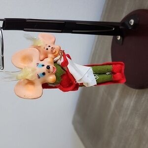 Vtg Kitsch Christmas Mice Hanging Ornament MidCentury Japan Red & Green Felt Elf